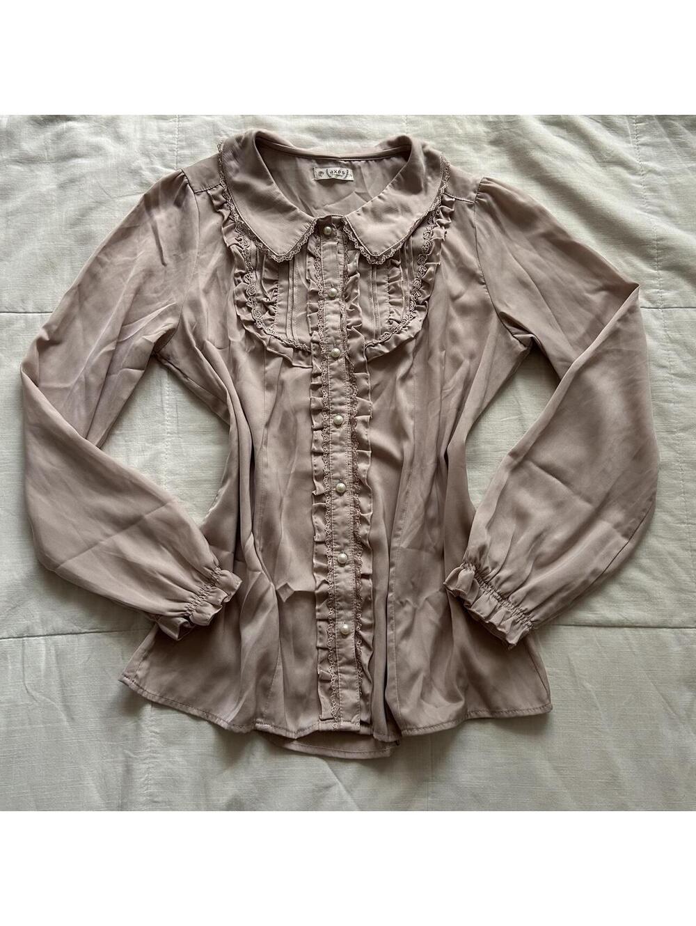 Axes Femme Pink Ruffle Lace Pintuck Peter Pan Collar Blouse Medium Japan